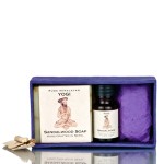 Yogi Sandalwood Soap & Oil Gift Box. Contains 1 each of Yogi Sandalwood Soap (80 gm), 1 Sachet & Yogi Sandalwood Body oil (12 ml) oil in Purple Lokta Box.