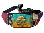Hemp and woven cotton festival style moon bag with a mushroom design on the front pocket
