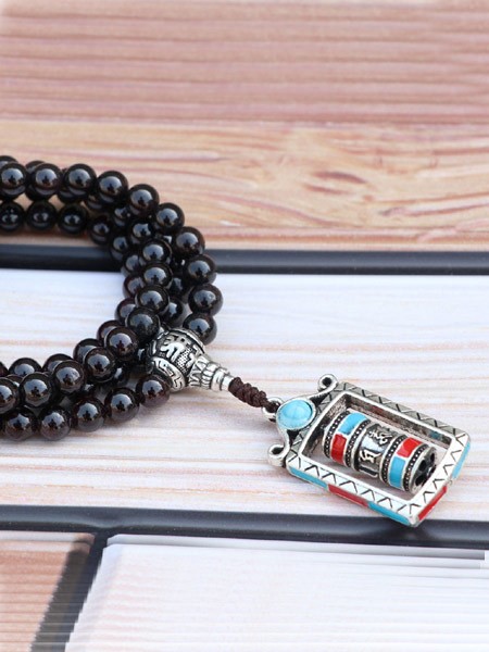 Prayer Wheel Garnet Stone Mala