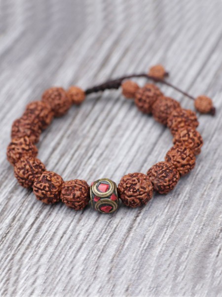 5 faces Rudraksha Seed Wrist Mala With Inlaid Brass Spacer