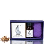 Yogini Jasmine Soap & Oil Gift Box. Contains 1 each of Yogini Jasmine Soap (80 gm), 1 Sachet & Yogini Jasmine Body oil (12 ml) oil in Purple Lokta Box.