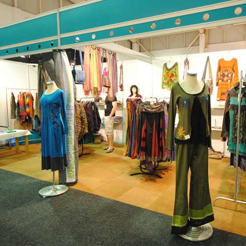 Hippie clothes on display at a trade show