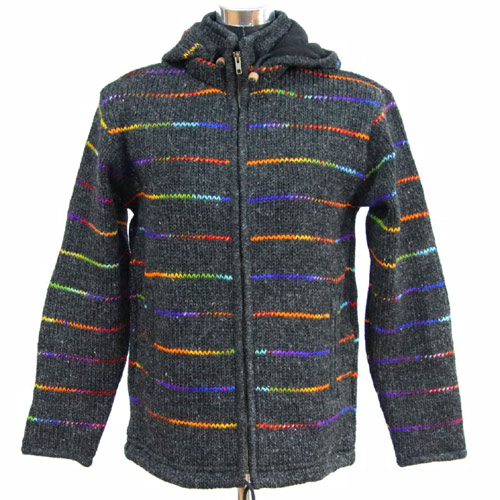 Striped hand knitted woolen hooded jersey