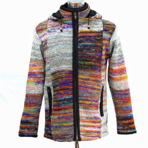 Colorful hand knitted hippie style hooded jersey