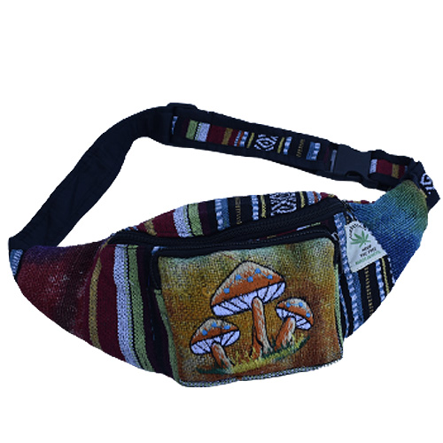 Hemp and cotton hippie moon bag with mushrooms on