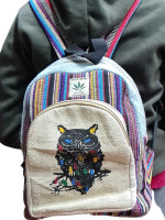 Pure hemp backpack made with a mix of woven cotton and featuring a colourful owl motif