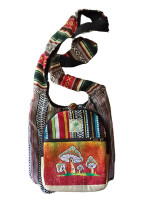 Small hemp and woven cotton hippie sling bag with mushroom design