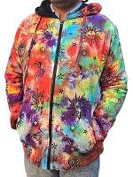 Colorful fleece-lined hippie hoodie with a vibrant tie-dye design featuring celestial sun, moon, and star prints, handcrafted in Nepal.