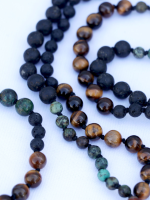 8mm mixed beads mala set with Tiger’s Eye, Black Obsidian, and African Turquoise – handcrafted in Nepal.
