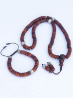10mm Fossil Yak Bone Mala Necklace and Bracelet Set with Bodhi Seed Guru Bead and Conch Shell Spacers – Handmade in Nepal.