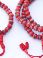 8mm Red Inlaid Yak Bone Mala Necklace and Bracelet Set with Brass, Turquoise, and Coral Inlays – Handmade in Nepal.