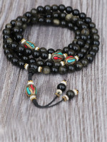 Inlaid Brass Black Obsidian Stone Japa Mala