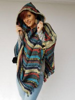 Poncho Hippie, Türkisblau und gemischte Baumwollstreifen, handgewebt