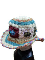 A hippie, bohemian style wide brimmed sun hat. Made from a mix of hemp, cotton and wool