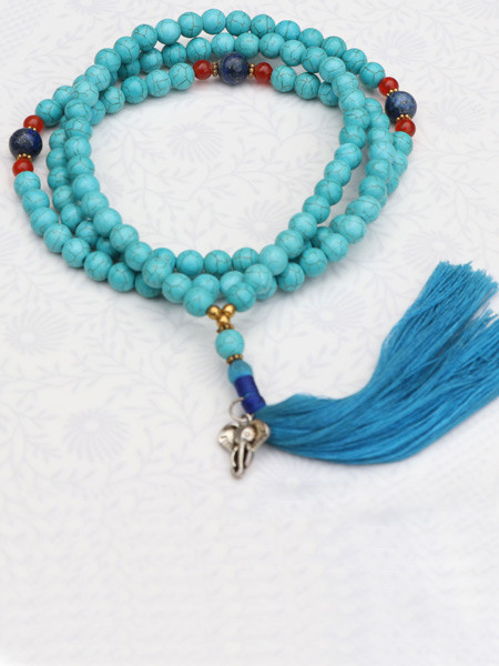 Turquoise Stone Japa Mala With Elephant Charm