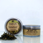 Jar of Organic Green Tea Salt Body Scrub with green tea leaves and Himalayan salt from Whole Earth Herbs, supplied by Himalayan Handmades.