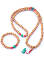 8mm Light Brown Sandalwood Mala Necklace and Bracelet Set with Coral Spacer Beads – Handmade in Nepal.