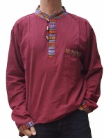 Maroon collarless grandad shirt with Bhutani border