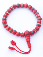 8mm Red Inlaid Yak Bone Mala Necklace and Bracelet Set with Brass, Turquoise, and Coral Inlays – Handmade in Nepal.