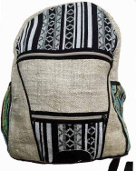 Hippie knapsack mixing pure Nepalese hemp and gheri cotton in tribal black and white designs.