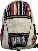 An assortment of hemp and woven cotton backpacks handcrafted in Nepal