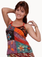 Ribbed cotton hippie-style patchwork tank top with colourful embroidery and floral designs, handcrafted in Nepal, sold at wholesale prices by Himalayan Handmades.