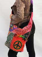 Razor cut cotton jog bag with patch peace sign and patch flowers
