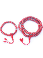 8mm Red Inlaid Yak Bone Mala Necklace and Bracelet Set with Brass, Turquoise, and Coral Inlays – Handmade in Nepal.