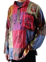 This shirt is typical of Nepalese clothing. Three button, patchwork stripe cotton with hand painted symbols.